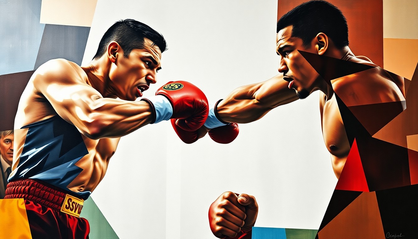A cubist-style painting depicting a boxing match between two figures, their bodies and movements fractured into sharp, overlapping geometric shapes and planes in a vibrant color palette.