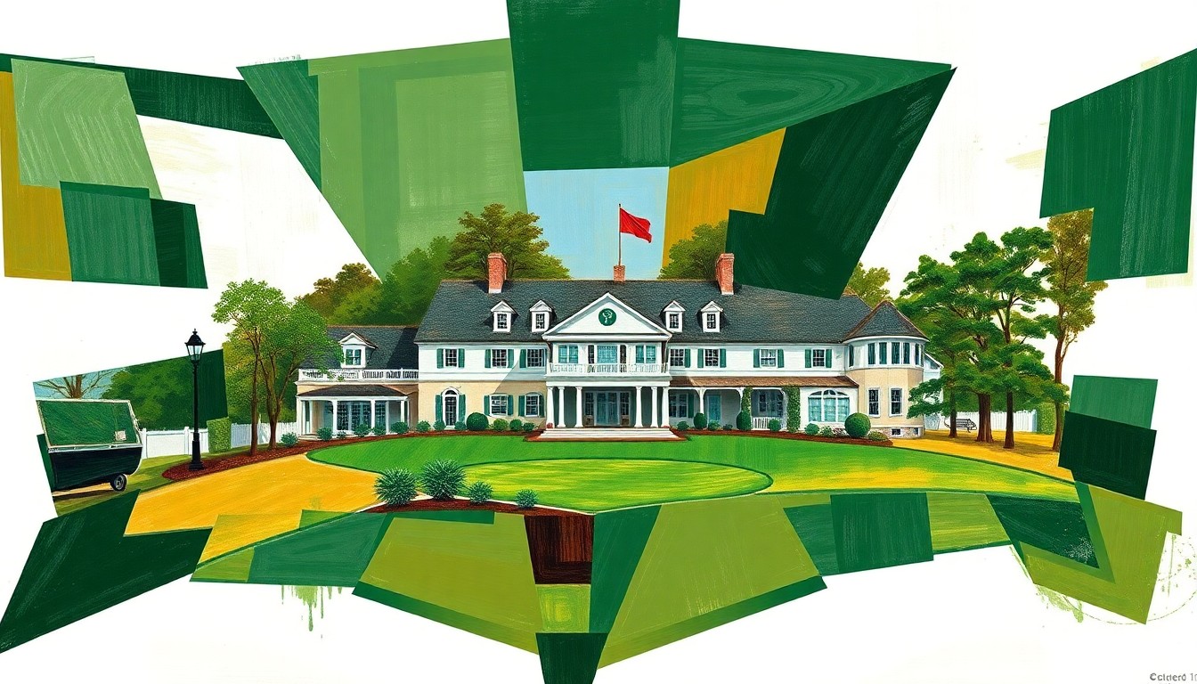 A cubist, geometric painting depicting the iconic Augusta National Golf Club clubhouse and grounds, with the building and landscape broken down into sharp, overlapping planes of color, conceptually representing the tournament's adherence to tradition and respect amidst the broader turmoil in the sport.