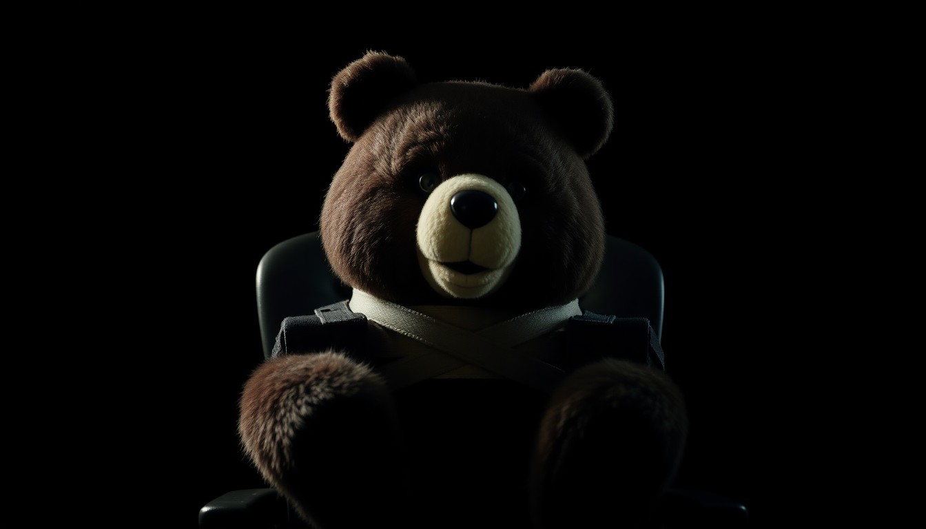 An extreme close-up photograph of a plush chocolate-brown bear mascot strapped tightly to a chair, the harsh lighting and dramatic shadows creating a stark, gritty, investigative aesthetic that conceptually illustrates the recent theft of this beloved community icon.
