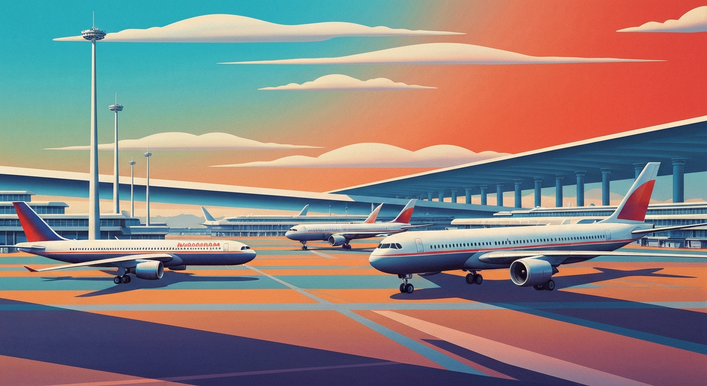 A bold, geometric illustration in the Art Deco style, depicting the grand scale and sleek design of international air travel, with sweeping gradients and towering forced perspectives of airports or airplanes, capturing the concept of efficient and comfortable flights between the USA and India via Europe.