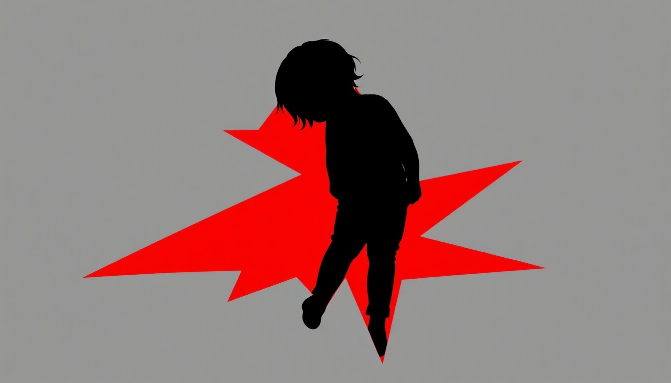 An extreme close-up of a jagged, abstract silhouette of a child's pants being pulled down, conceptually illustrating the controversy surrounding Chloe Fineman's viral story about an incident from her past as a camp counselor.