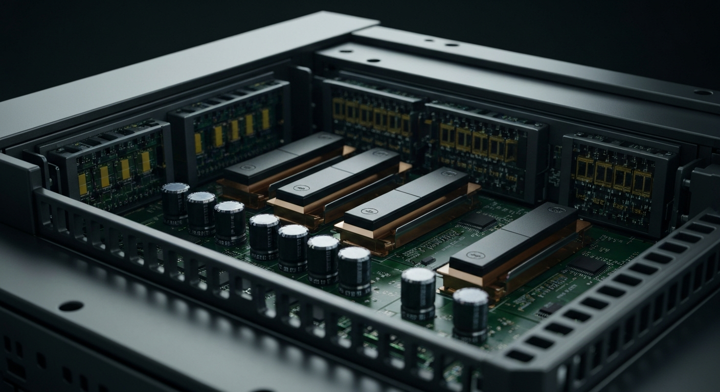 An extreme close-up of the intricate inner components of a Fortinet network security device, with a focus on the heavy-duty, industrial-grade engineering that enables the company's cybersecurity solutions.