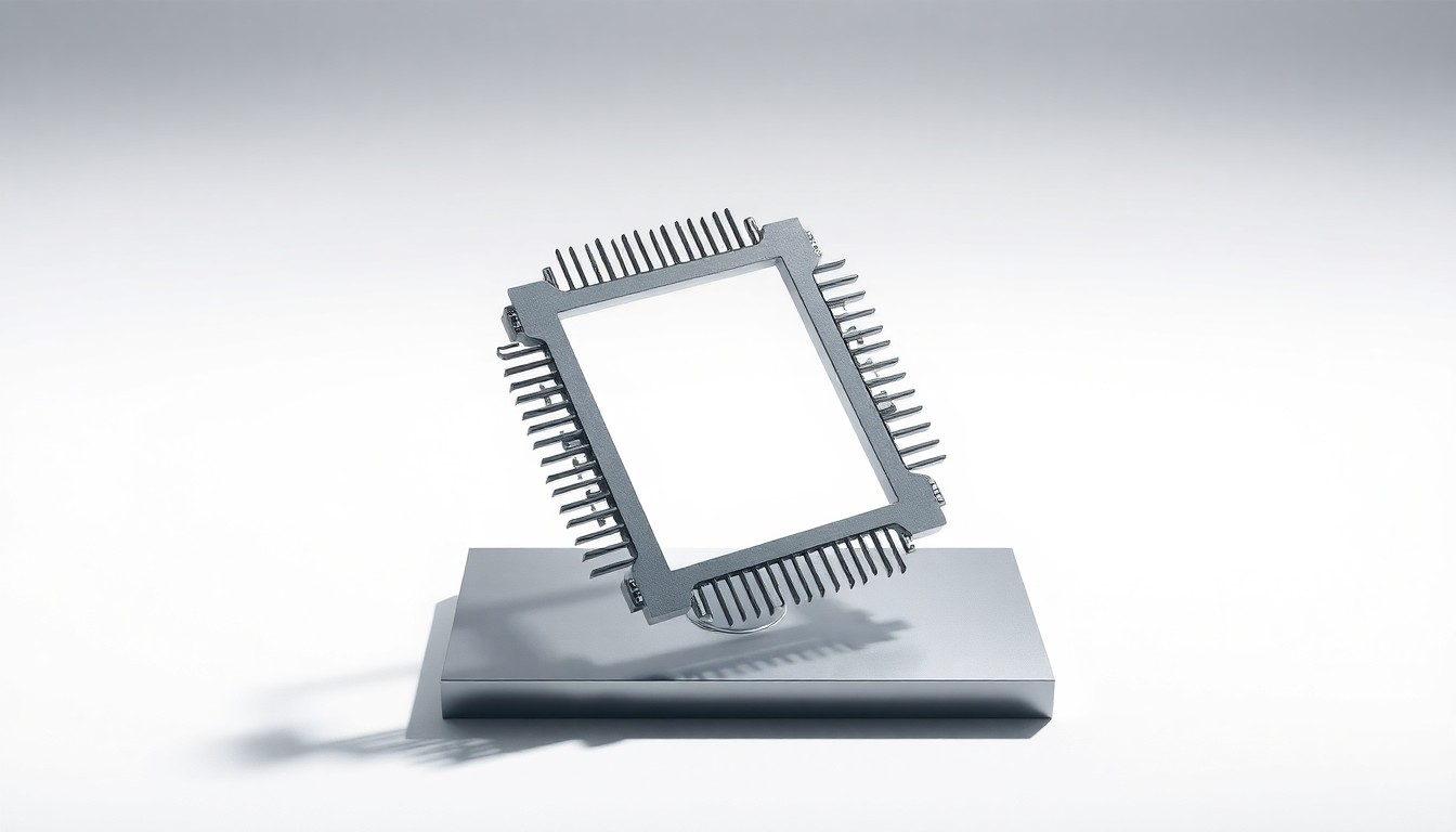 A close-up photograph of a polished, geometric metal sculpture in the shape of a computer chip or circuit board, resting on a clean, monochromatic background and dramatically lit to conceptually represent the abstract ideas of technology, innovation, and corporate strategy.