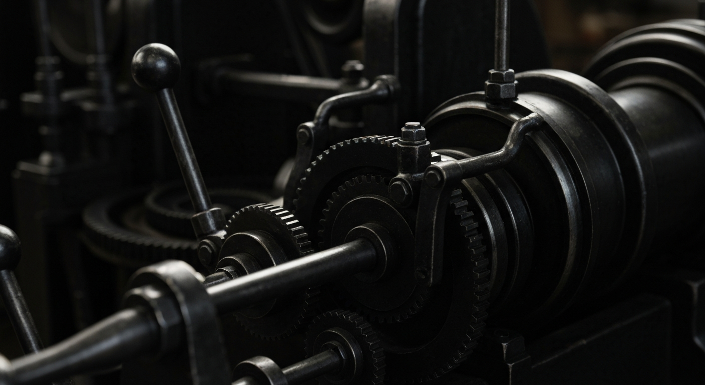 An extreme close-up of intricate, industrial banking equipment and machinery, conveying the complex financial infrastructure behind energy investments.