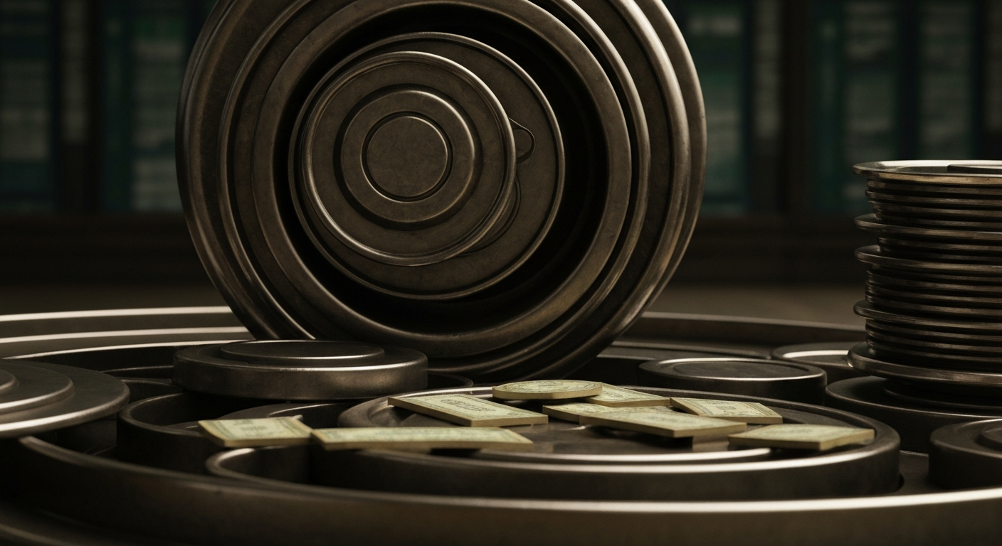 An extreme close-up of gears, levers, and other industrial machinery in muted tones, conceptually representing the institutional financial mechanisms behind Netflix's streaming business.