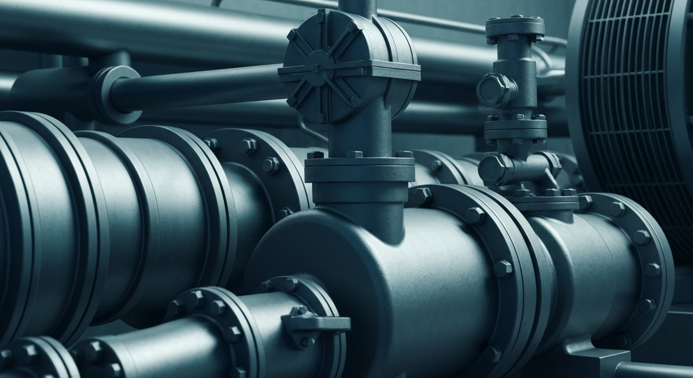 An extreme close-up of industrial water treatment equipment, including pipes, valves, and sensors, conveying the physical, mechanical nature of Xylem's water technology solutions.