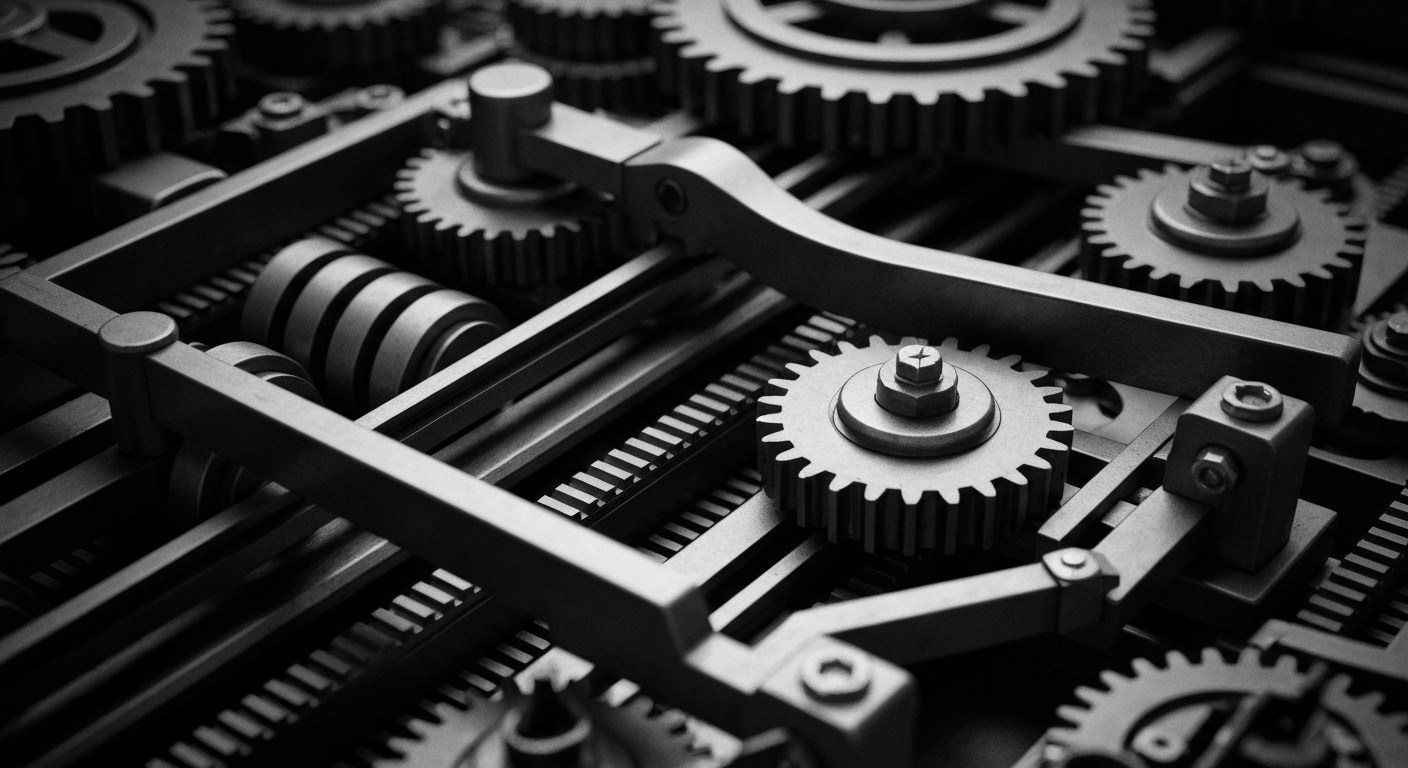 A high-contrast, cinematic close-up of the heavy, industrial mechanical components that make up the internal workings of a major insurance company, conveying a sense of the raw power and complexity of the financial system.