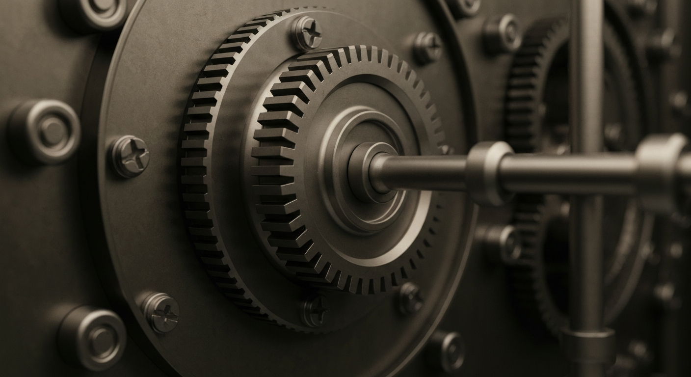 A highly detailed, black-and-white close-up image of the complex, mechanical components that make up the internal workings of a bank vault or financial institution, conveying a sense of the physical, industrial nature of wealth and financial security.