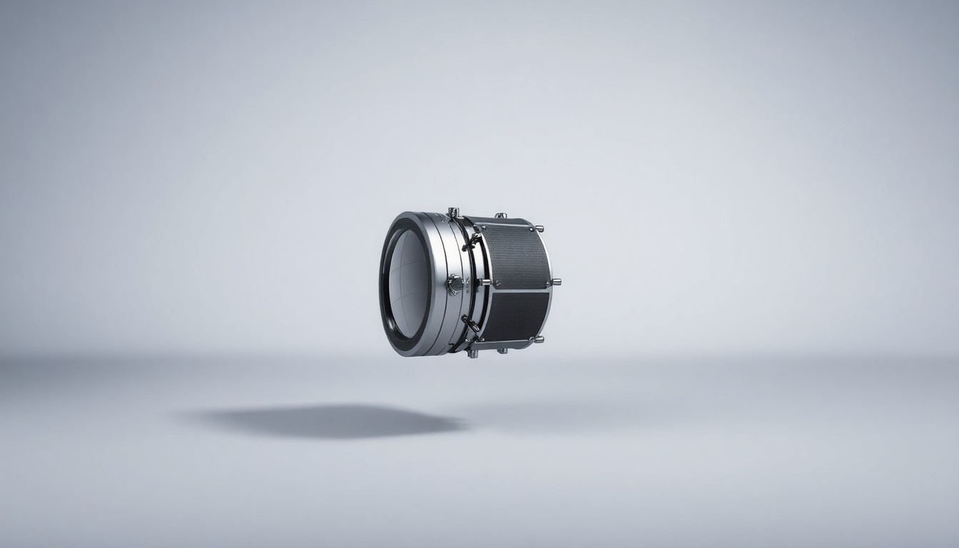 A photorealistic studio still life featuring a sleek, modern satellite model made of polished metal and glass, floating elegantly on a clean, monochromatic background with dramatic studio lighting and deep shadows.