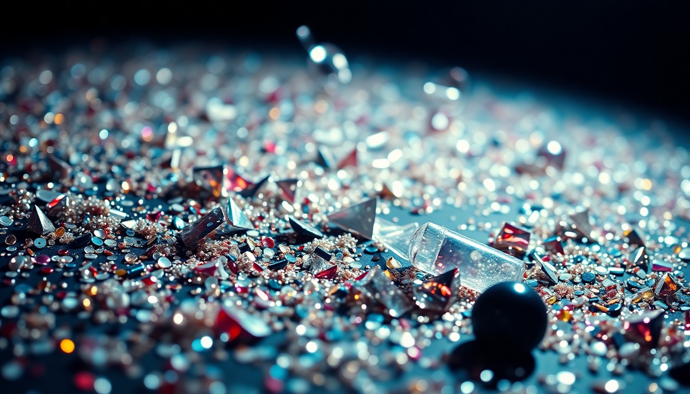 An abstract close-up photograph featuring a dramatic, high-contrast composition of glittering sequins and shattered glass, conceptually representing the glamour and star power of the classic TV series 'Charlie's Angels'.