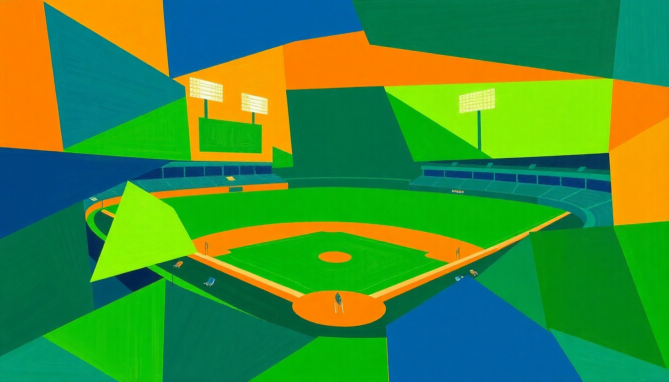 A cubist-style painting featuring sharp, overlapping geometric shapes in bright green, navy blue, and orange, conceptually representing the dynamic action and energy of a baseball game.