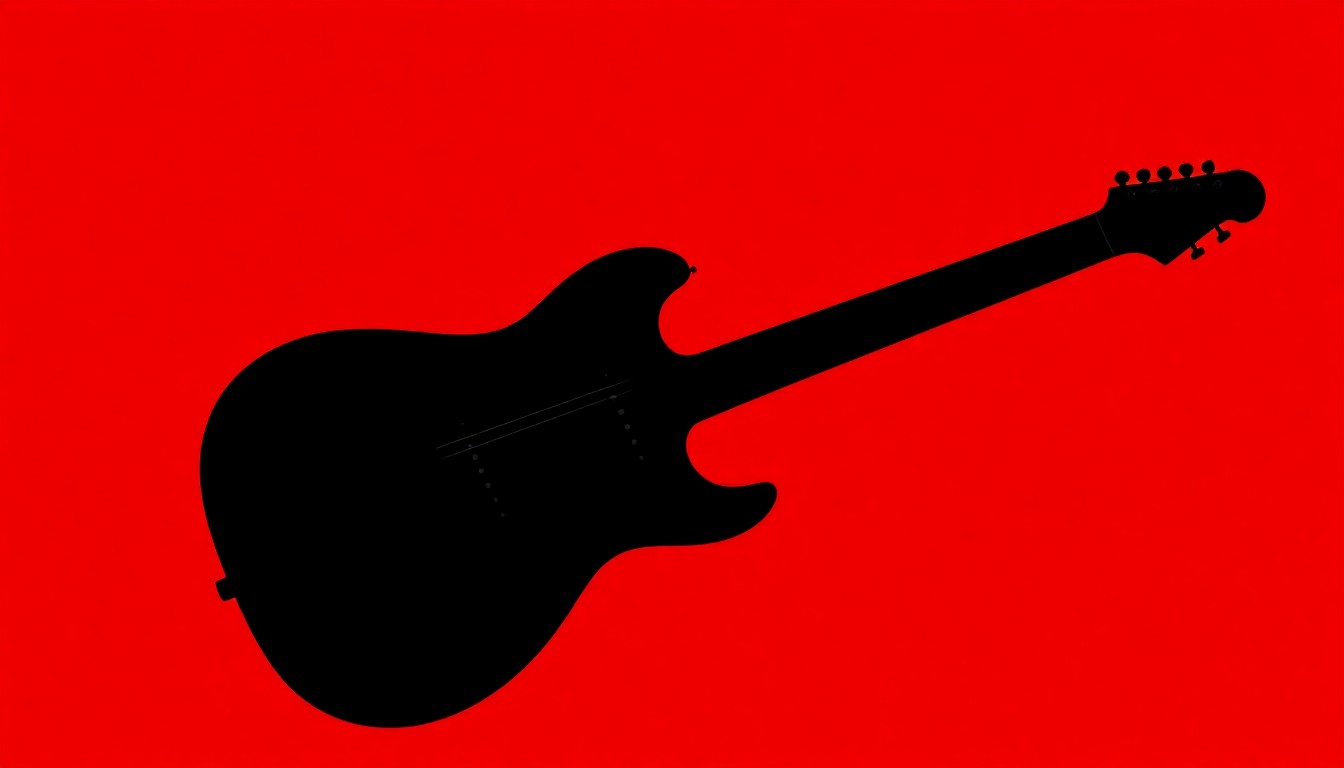 A dramatic black silhouette of an electric guitar set against a bold red background, conveying the iconic Fleetwood Mac sound and the threat of violence against musicians.