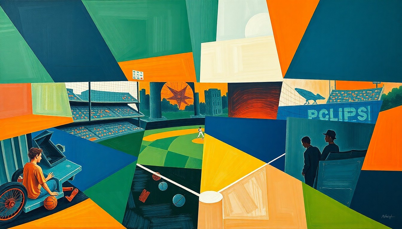 A cubist, geometric painting depicting a high school baseball game, with overlapping planes of navy, green, and orange conveying the dynamic energy of the sport.