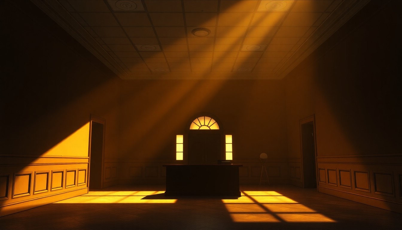 A quiet, cinematic painting of an empty government office space, with warm sunlight streaming through the windows and deep shadows casting a somber mood, conceptually representing the high-stakes political battle for the Ohio attorney general position.