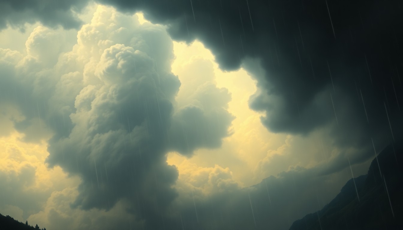 A sweeping, atmospheric landscape painting in muted tones of gray, blue, and green, with heavy rain and clouds dominating the scene and obscuring any visible structures or objects, conveying the overwhelming scale and power of a severe weather event.