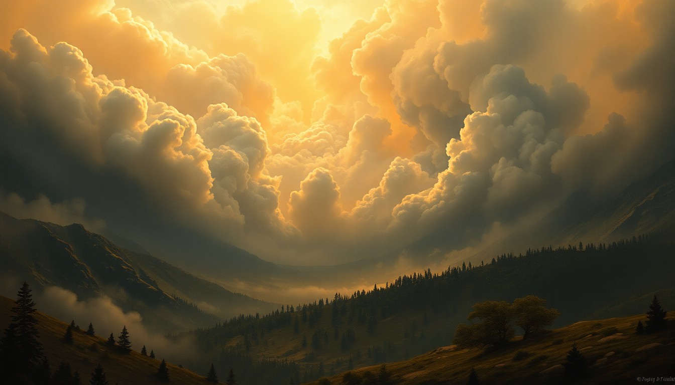 A sweeping, atmospheric landscape painting in muted earth tones, with billowing plumes of smoke obscuring the distant horizon and dwarfing the small, indistinct structures in the foreground, conveying the overwhelming scale and danger of an impending wildfire.