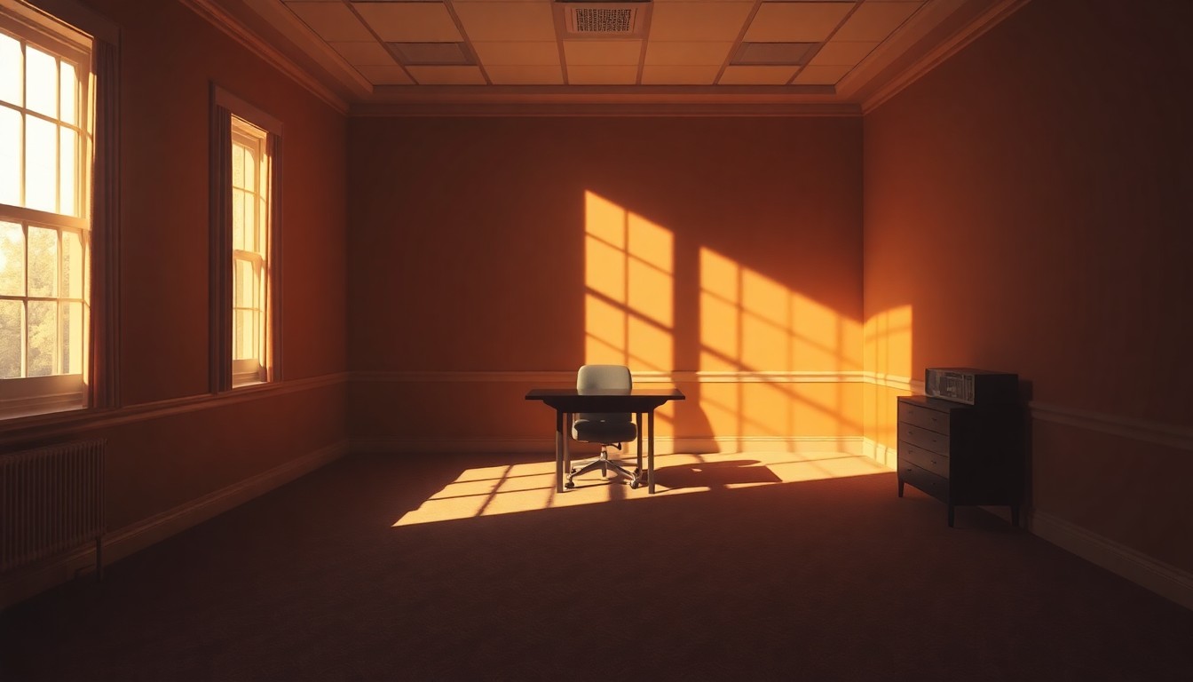A dimly lit, cinematic painting of an empty political office space, with warm sunlight streaming through the windows and deep shadows casting a melancholy mood over the scene.