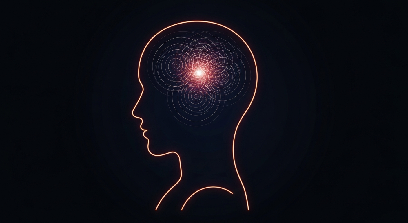 A minimalist design in the style of Keith Haring, with a glowing neon outline of a human head in profile against a dark background, representing the potential for technology to enhance mental health care.