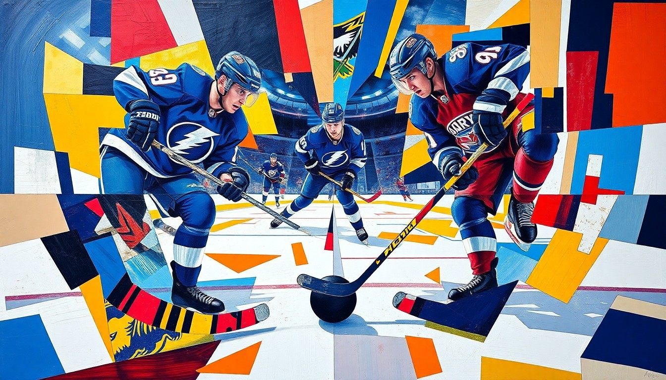 A fractured, multi-perspective painting depicting Nikita Kucherov's 400th NHL goal, with the hockey players, puck, and equipment deconstructed into sharp, overlapping geometric shapes and planes in vibrant colors.