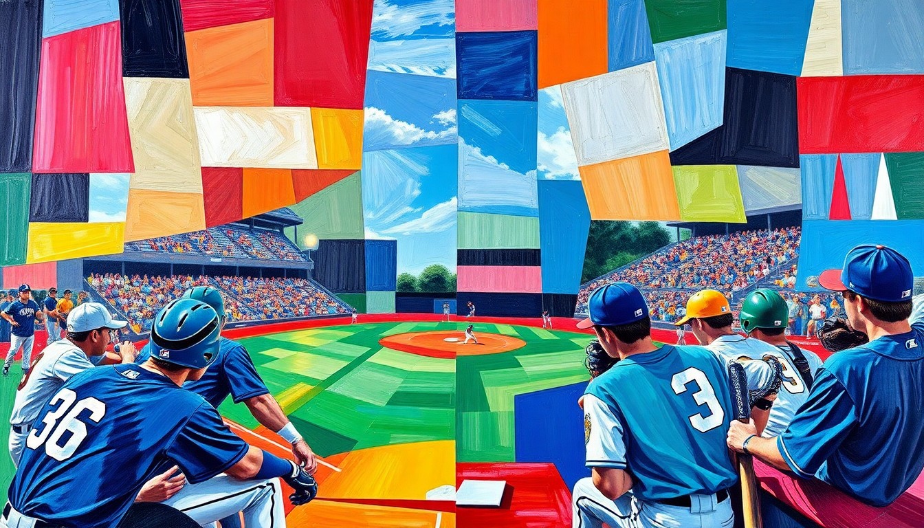 A cubist, geometric painting depicting a high school baseball game, with the players and field broken down into sharp, overlapping planes of color representing the official team uniforms and equipment.