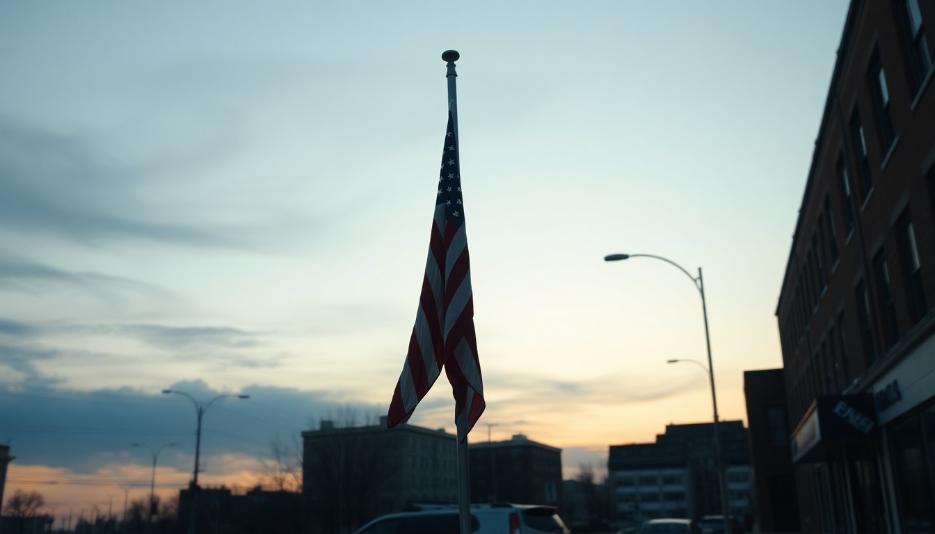 A moody, cinematic painting of an American flag hanging limply from a flagpole, the fading light casting long shadows across an empty urban street, capturing a sense of political disillusionment and uncertainty.