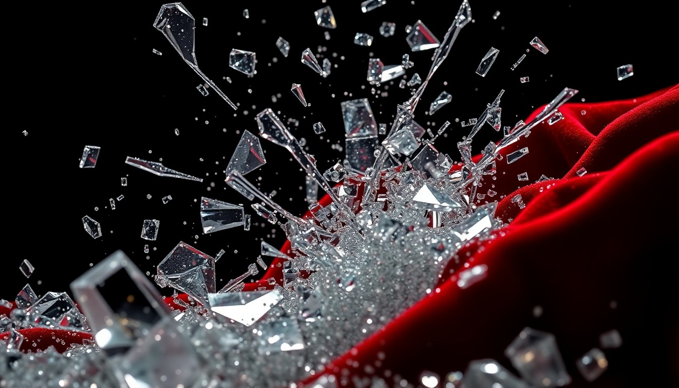 An abstract close-up image featuring shimmering sequins, shattered glass, and plush velvet textures, conveying the high-stakes drama and glamour of the soap opera storyline.