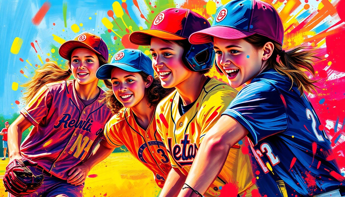 An abstract, expressionist painting in vibrant neon colors, with rapid brushstrokes and blurred figures representing the dynamic action and energy of a high school softball game.