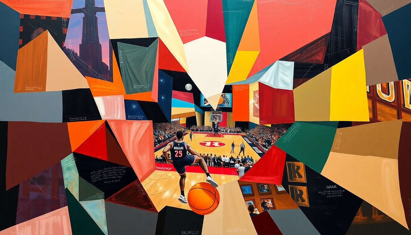 A fragmented, cubist-style painting depicting a basketball player in motion, with sharp geometric shapes and planes of color representing the player's movement and the competitive energy of the game.