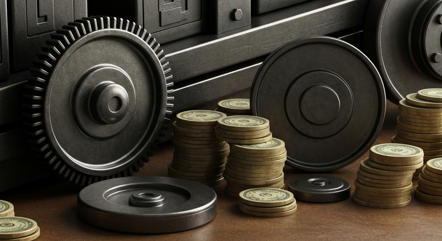 An extreme close-up of intricate gears, levers, and mechanisms of a banking or financial institution, conveying a sense of the complex infrastructure and processes that underpin the modern economy.