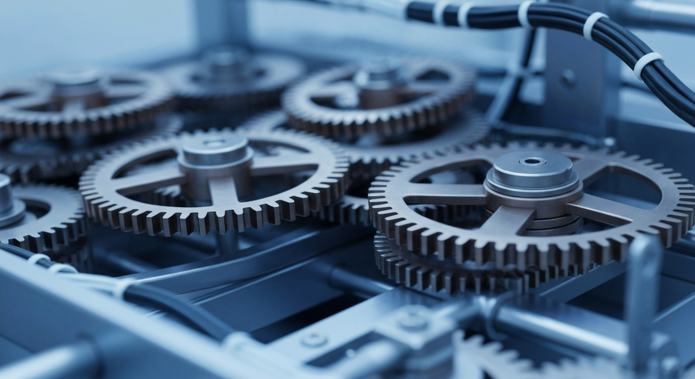 An extreme close-up of a series of interlocking metal gears and machinery, conveying the heavy, industrial nature of the financial systems that power the pharmaceutical sector.