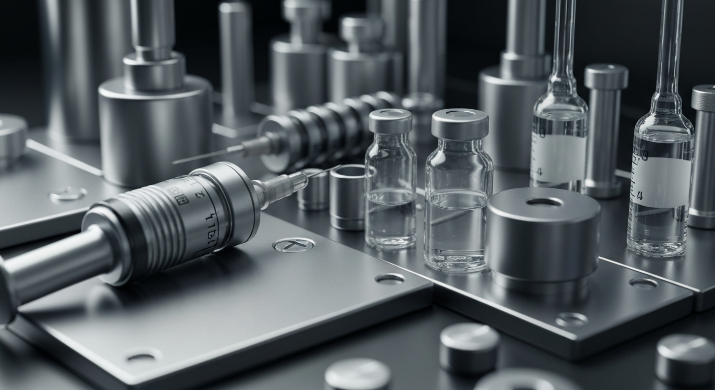 A close-up, cinematic view of precision medical equipment and machinery, such as syringes, vials, and other lab instruments, all in shades of silver, steel, and glass, conveying a sense of scientific innovation and the serious nature of the pharmaceutical industry.