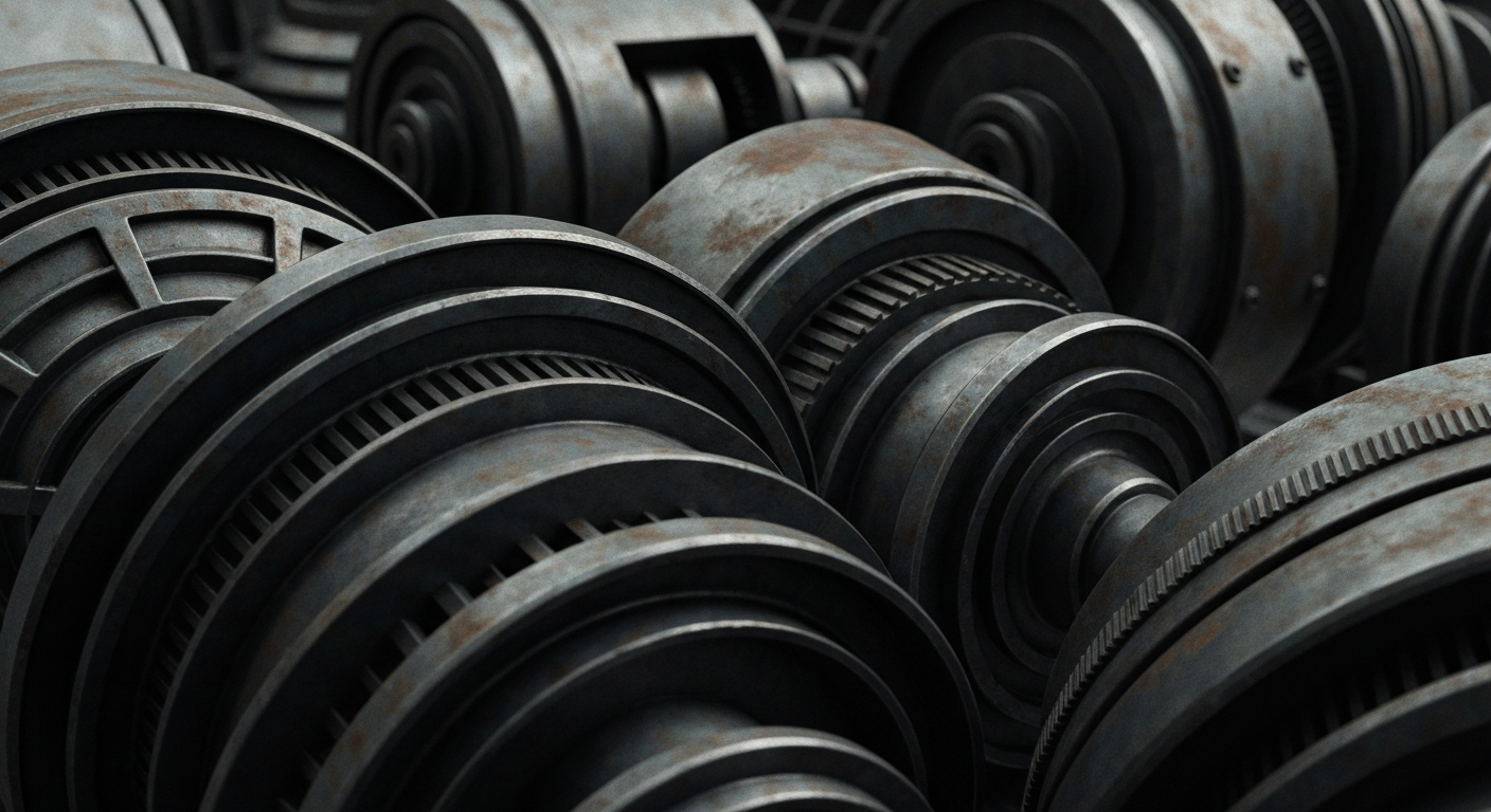 An extreme close-up of the gears, levers, and metal components of an industrial banking machine, conveying a sense of the complex financial systems and machinery that power a publicly traded private equity firm.
