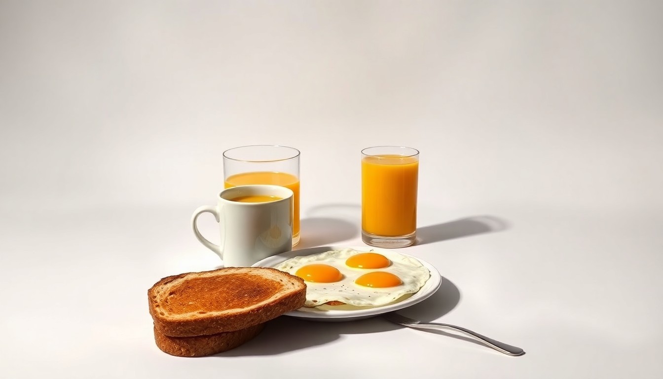 A high-end, photorealistic studio still-life photograph featuring a simple arrangement of premium breakfast items such as a ceramic mug, a plate of eggs and toast, and a glass of orange juice, all set against a clean, monochromatic seamless background with dramatic lighting and sharp shadows, conceptually representing the bittersweet end of an era for the iconic Las Vegas eatery.