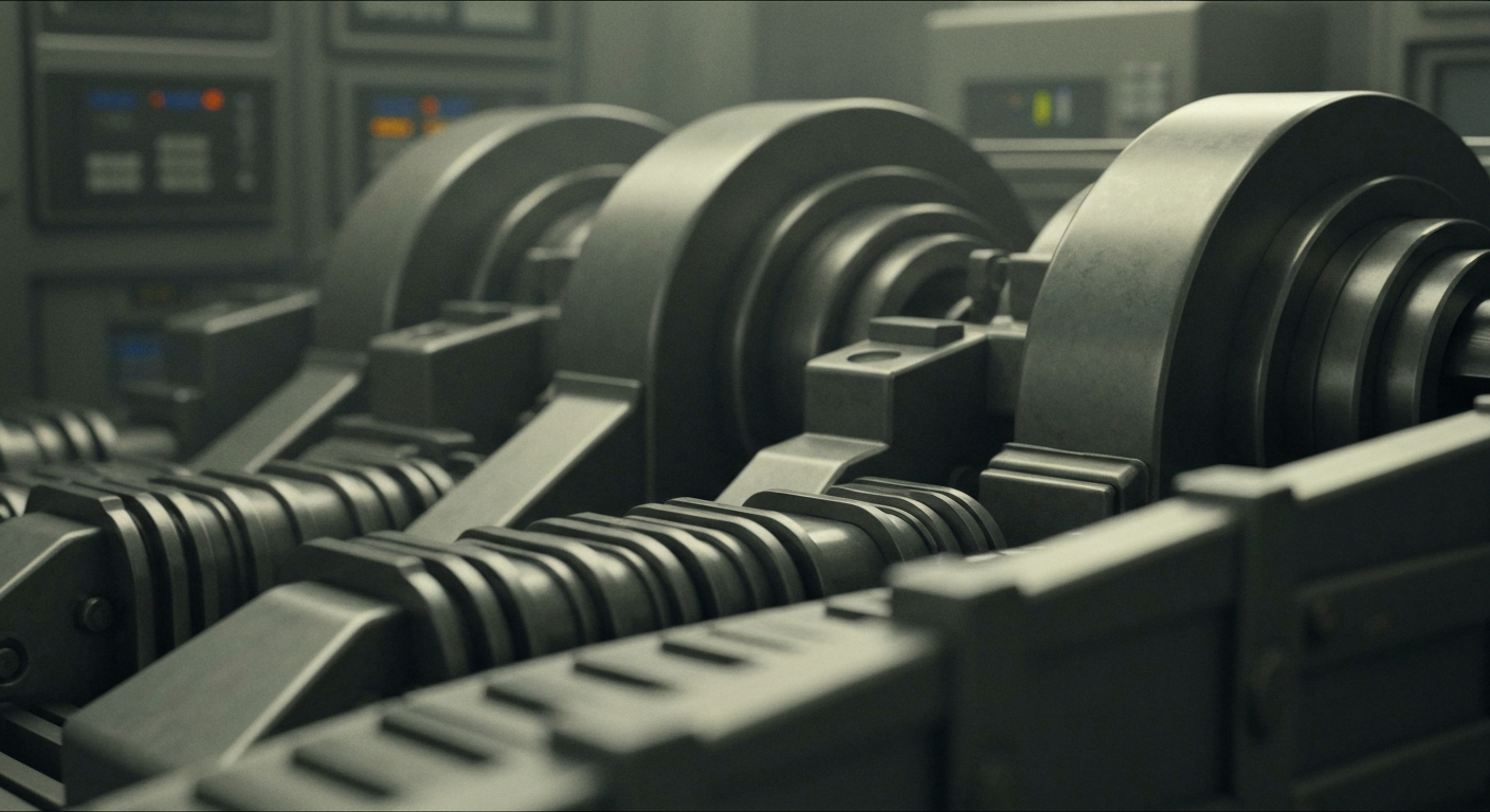 An extreme close-up of industrial banking machinery and equipment, conveying a sense of institutional power and financial security without using literal currency or charts.