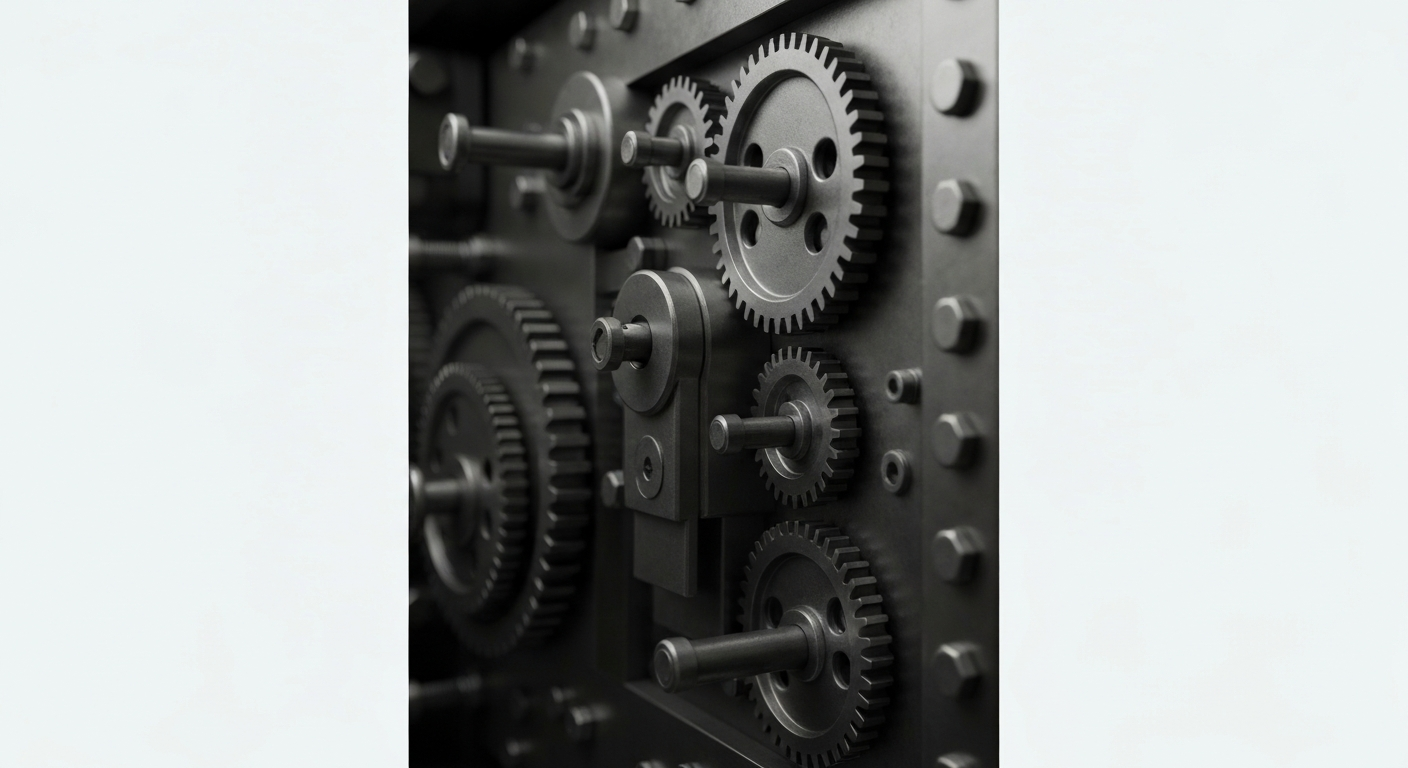 An extreme close-up of the heavy, industrial mechanisms that make up the inner workings of a bank vault, conveying a sense of the tangible weight and security of financial institutions.