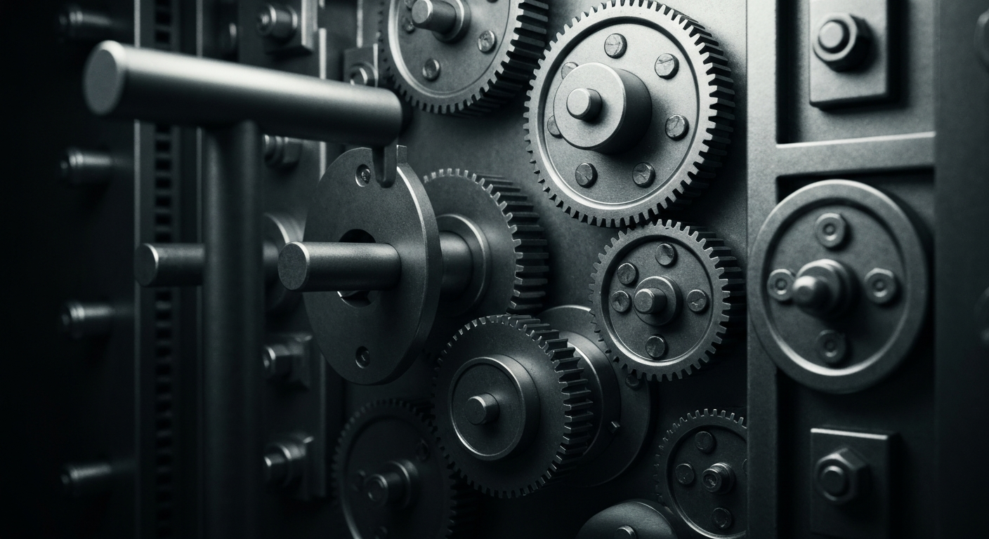 A high-contrast, close-up view of the intricate mechanisms and heavy metal components of a bank vault, representing the security and power of financial institutions.