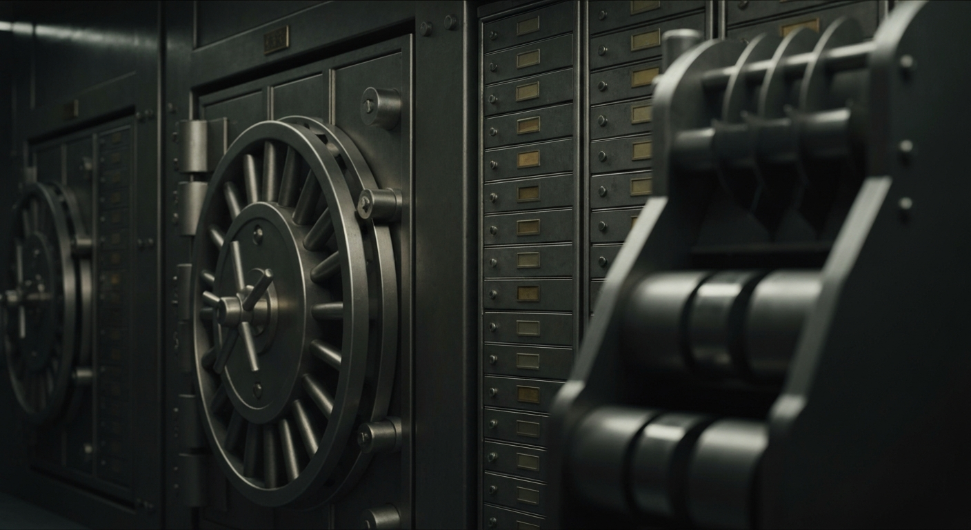 An extreme close-up of heavy, industrial banking equipment and machinery, conveying the tangible, physical nature of the financial system without any identifiable branding or people.