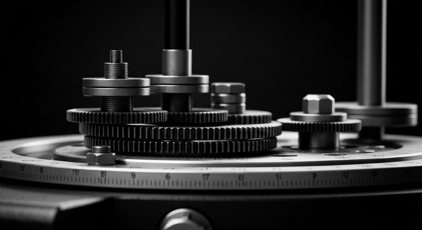 A dramatic, high-contrast black and white close-up of the gears, dials, and mechanisms of an industrial calibration instrument, conveying the intricate nature of Transcat's specialized services.