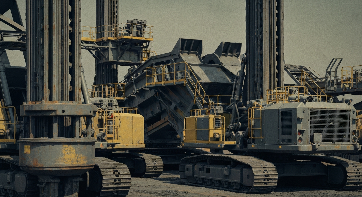 An extreme close-up of heavy, industrial mining machinery and equipment, representing the tangible assets and operations of Solitario Resources as a mining company.
