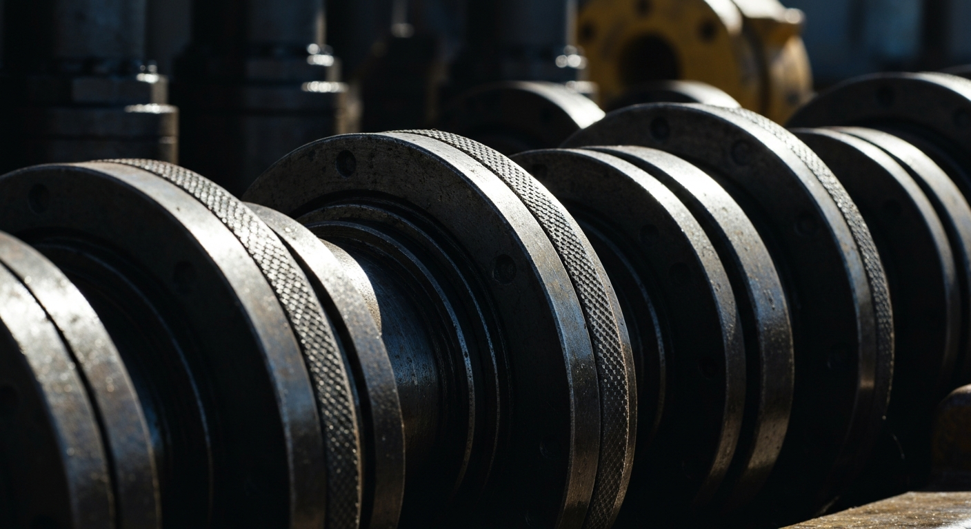 An extreme close-up of rugged, industrial oil and gas drilling machinery, conveying the physical power and scale of the company's operations.