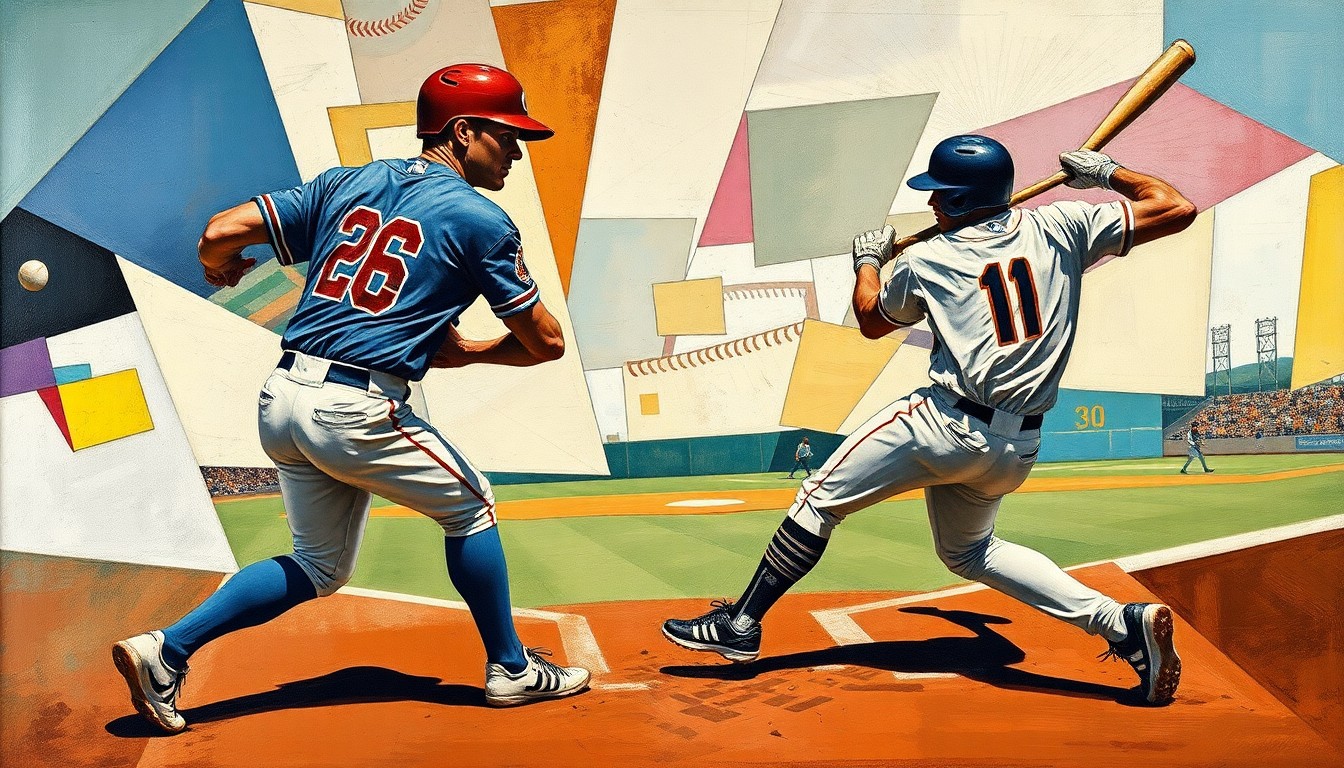 A fragmented, geometric painting in the style of Pablo Picasso, depicting the dynamic action of a baseball game with players and field elements broken down into sharp, overlapping planes of color and form.