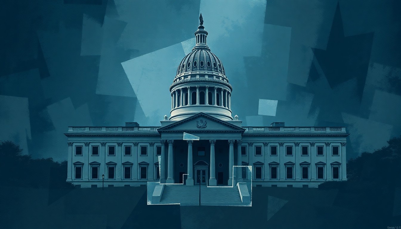 A fractured, abstract painting featuring overlapping, geometric shapes in shades of navy, charcoal, and steel blue, conveying a sense of disruption and urgency around a political or government-related subject.