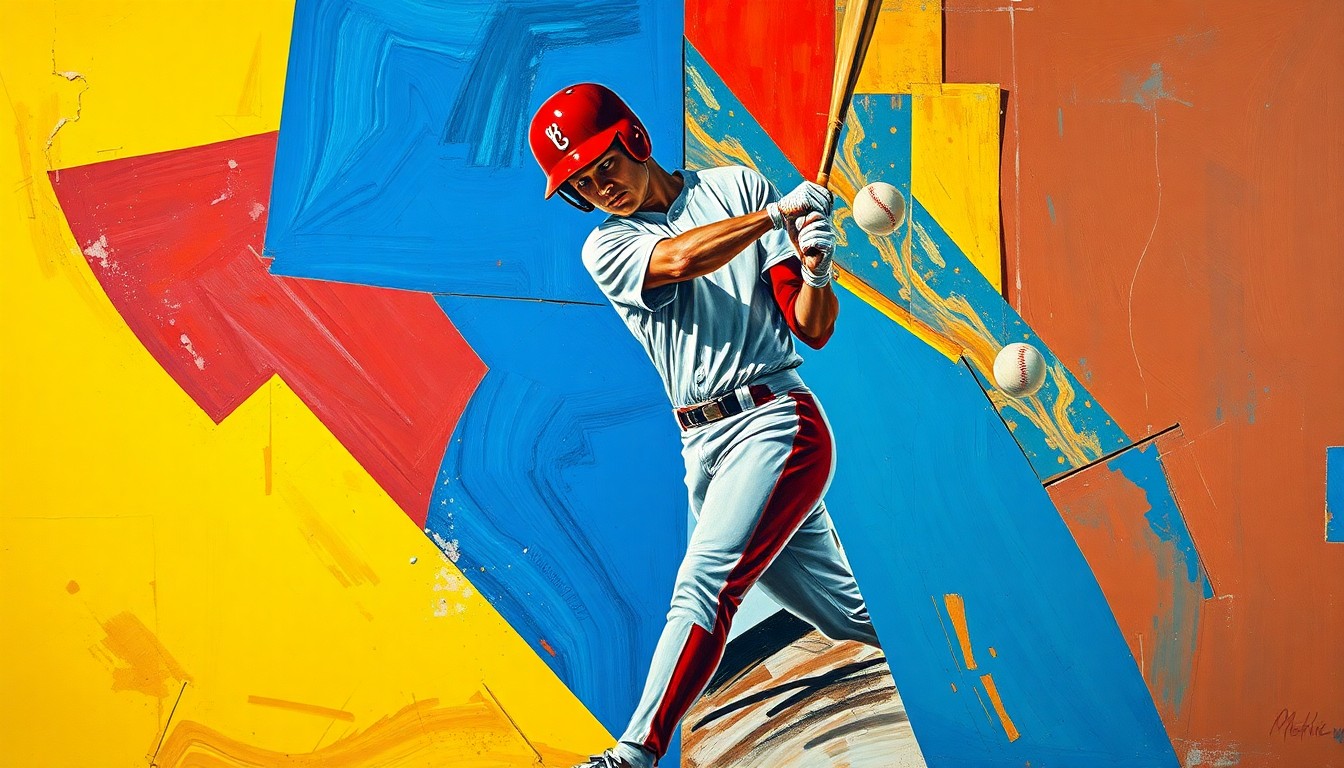 A fragmented, geometric painting depicting a baseball player being struck by a pitch, with sharp planes of color and overlapping perspectives conveying the raw emotion and physicality of the confrontation.