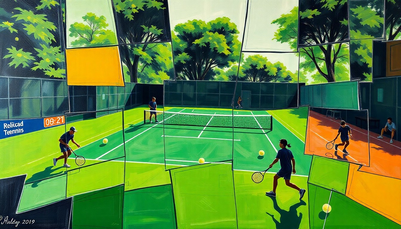 A fragmented, cubist-style painting depicting the movement and energy of a high school tennis match, with sharp geometric shapes in bright greens, whites, and silhouettes representing the players.