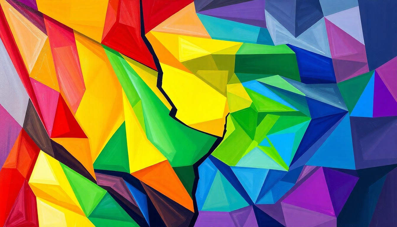 An abstract, fragmented painting of a rainbow flag in overlapping geometric waves of color, conveying the fractured political conflict over LGBTQ+ issues in education.