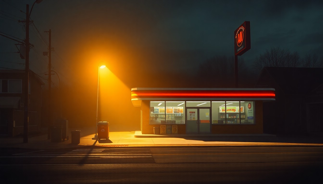A photorealistic painting of a single-story convenience store in an urban setting, with warm sunlight casting long shadows across the building and sidewalk. The store's exterior is simple and unadorned, with a plain facade and minimal signage, creating a sense of quiet contemplation.