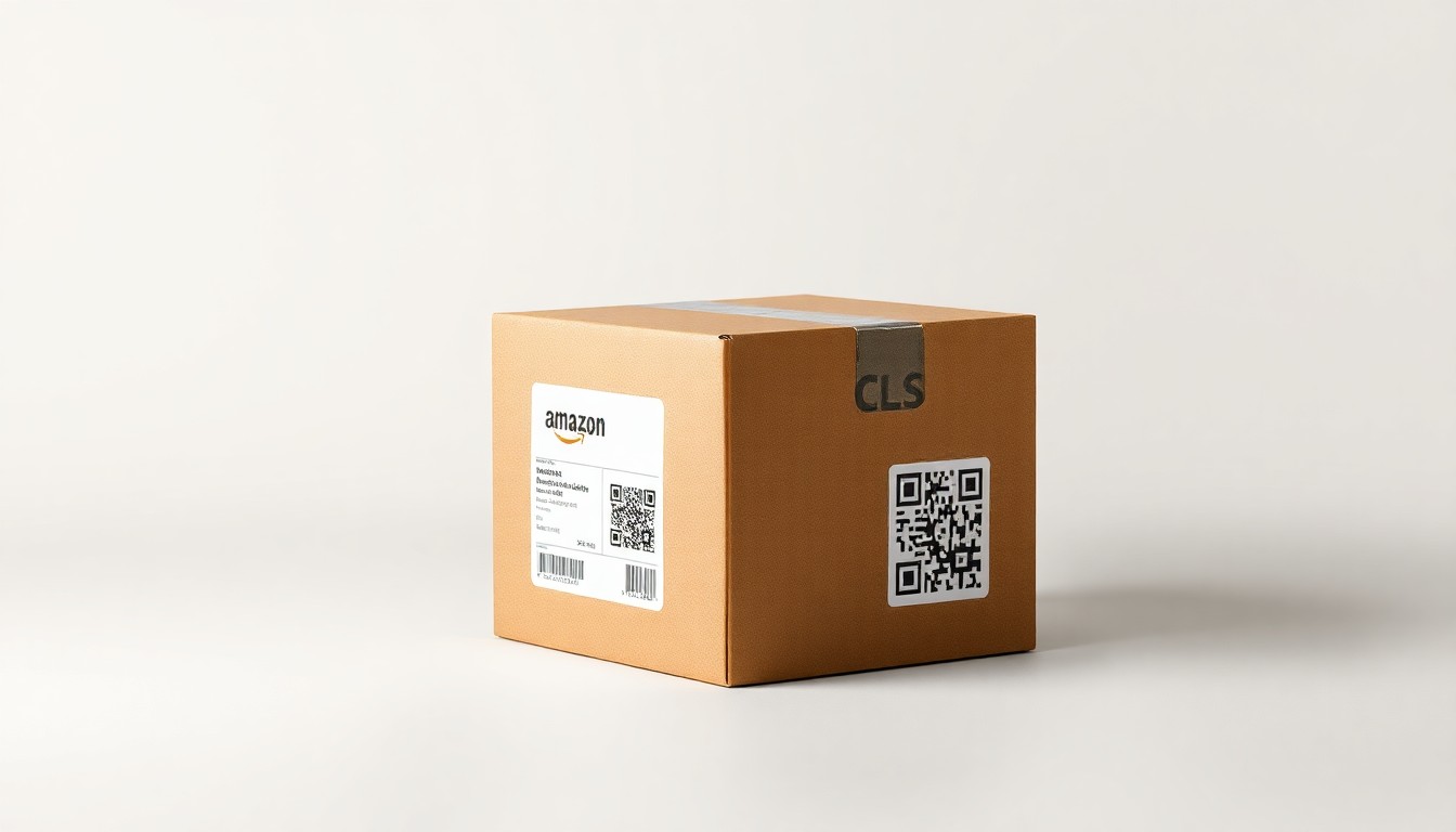 A high-end, photorealistic studio still-life photograph featuring a simple, premium cardboard box with an Amazon logo, a shipping label, and a QR code, arranged elegantly on a clean, monochromatic seamless background, representing the abstract concept of convenient e-commerce returns.