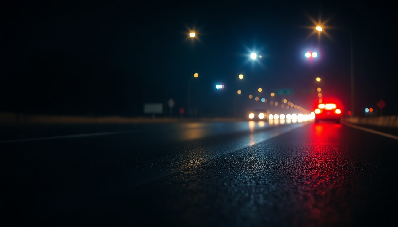 An extreme close-up photograph of red and blue police emergency lights reflecting off the dark asphalt of a highway, creating a stark, dramatic, and investigative visual mood.