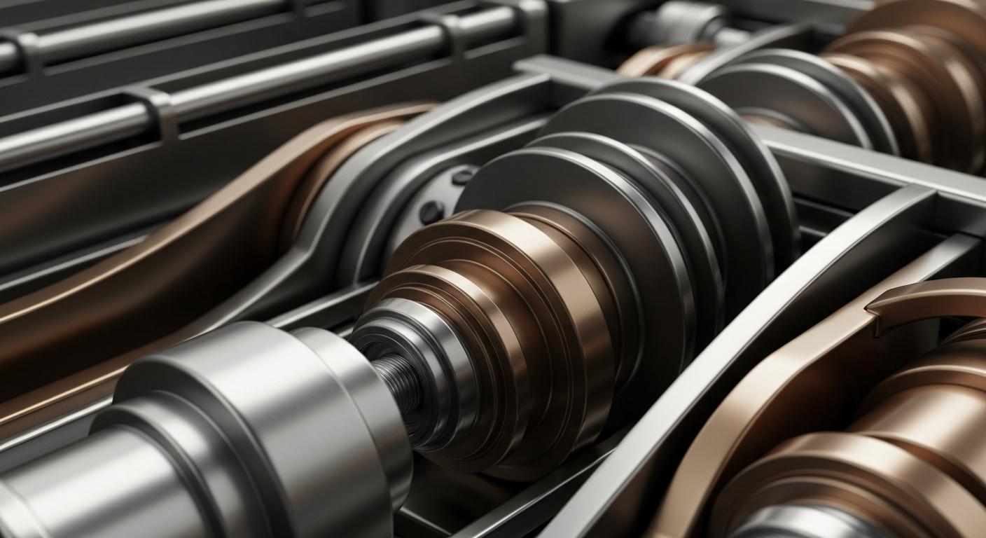 An extreme close-up of intricate, interlocking metal gears and mechanisms, conveying the complex, powerful infrastructure of the financial sector as a visual metaphor.