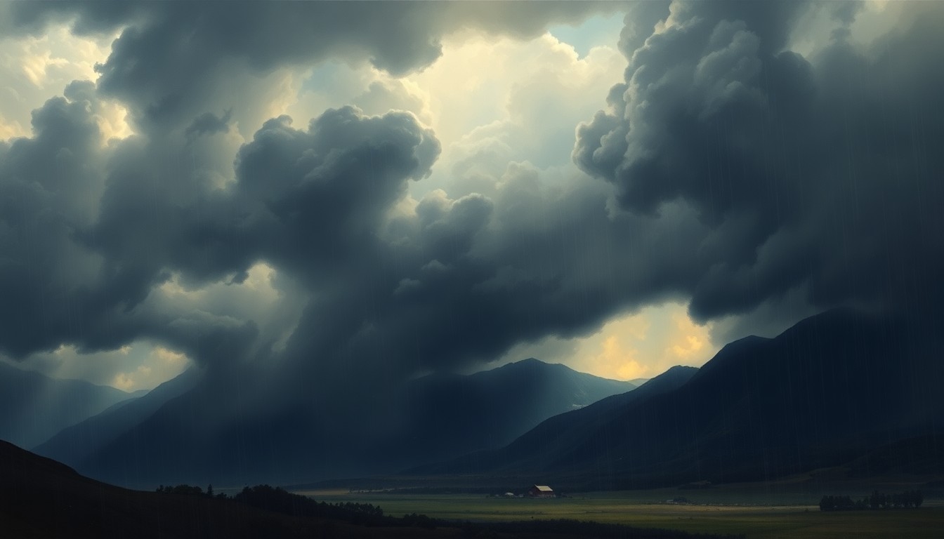 A sweeping, atmospheric landscape painting in muted tones of gray, blue, and white, depicting a massive, swirling storm system that dominates the scene, with only faint outlines of buildings or trees visible in the distance.